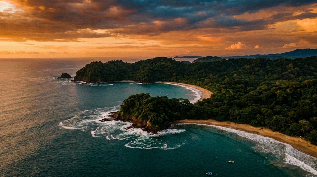 Aerial view of the Costa Rican coastline at sunset