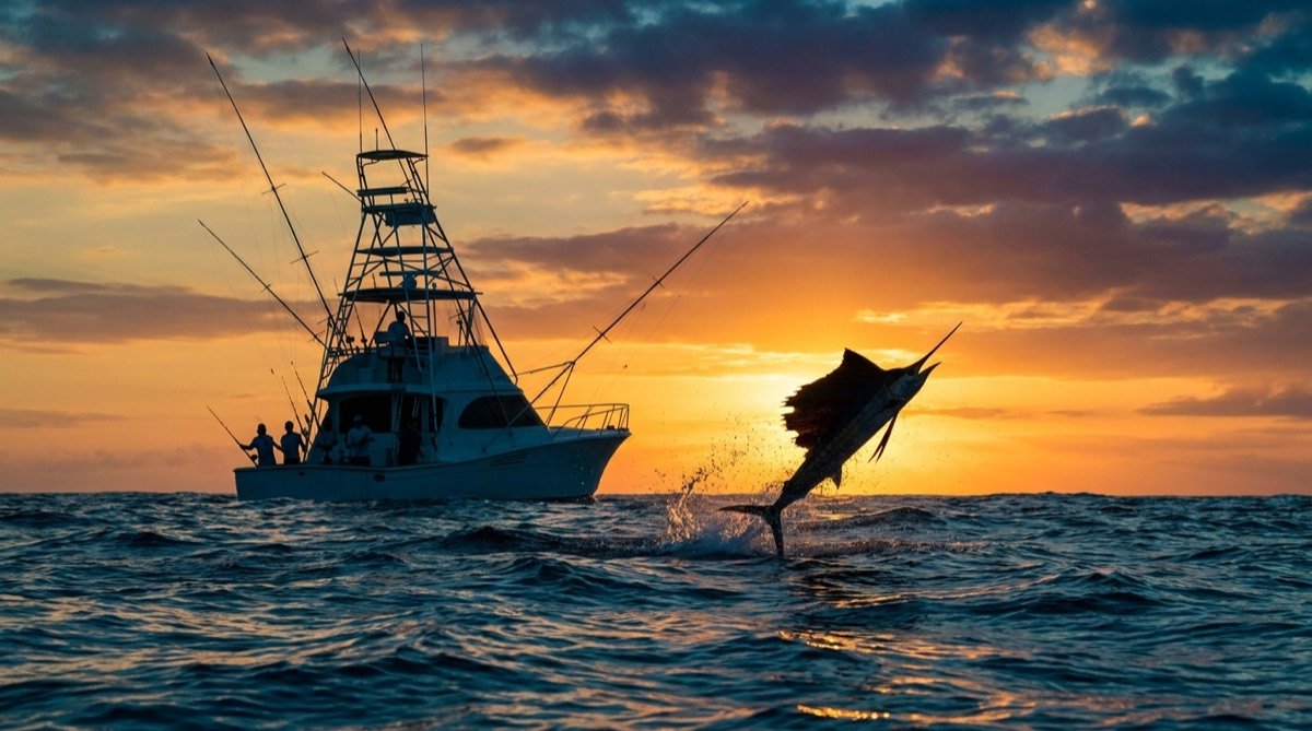 Sailfish leaping beside a sport-fishing boat at golden hour