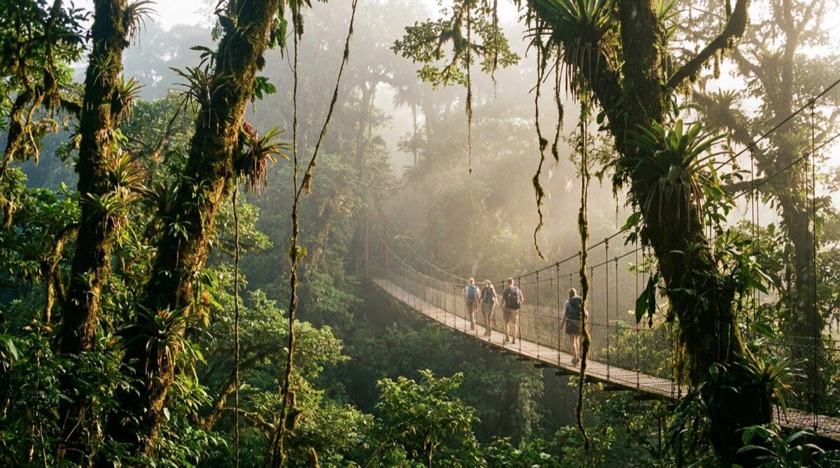 Hikers crossing a hanging bridge through misty rainforest