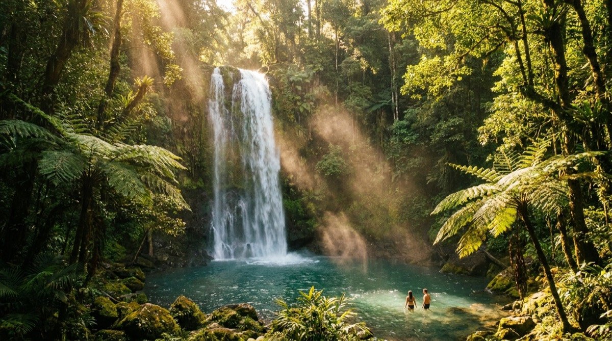 Tropical waterfall pouring into a turquoise jungle pool