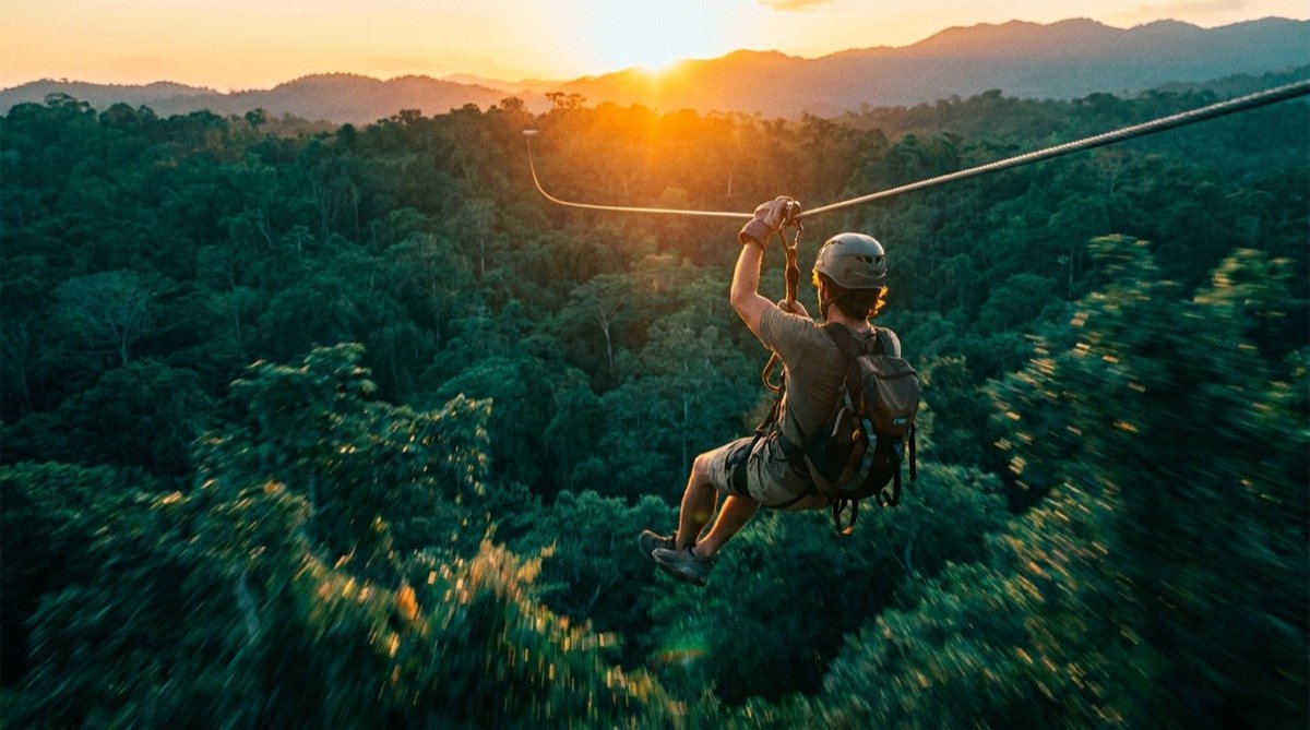 Adventurer ziplining over the jungle canopy at sunset